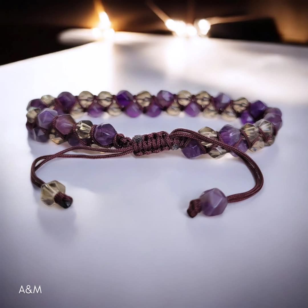 Amethyst and Smokey Quartz Mixed beaded Bracelet, Purple braided Bangle, Handmade Boho Macramé Adjustable Bracelet