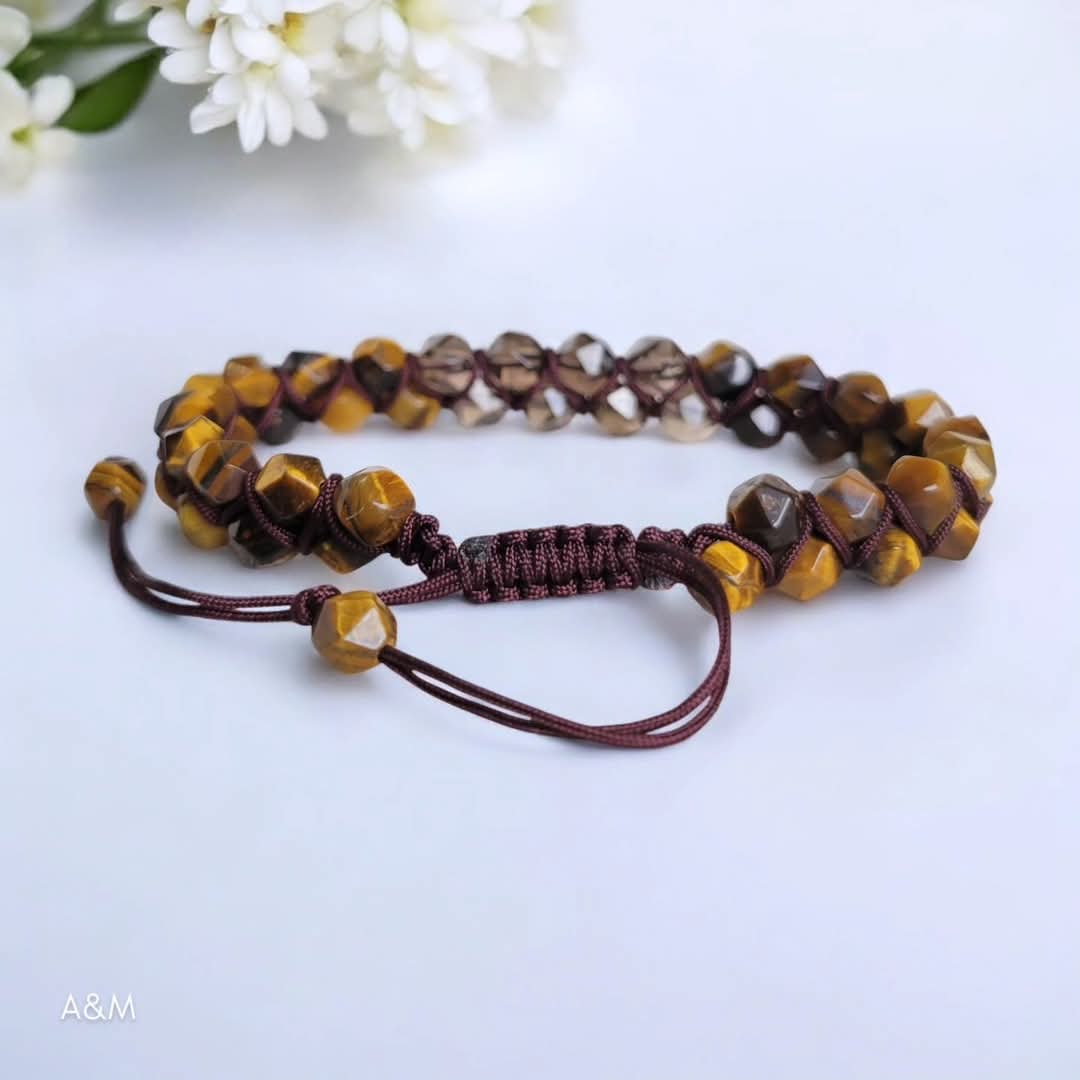 Tiger Eye and Smokey Quartz Beaded Bracelet - Boho Macrame Mixed gemstone Bangle, 6mm Gemstone Beads, Braided Wrap Cuff, Healing Jewellry