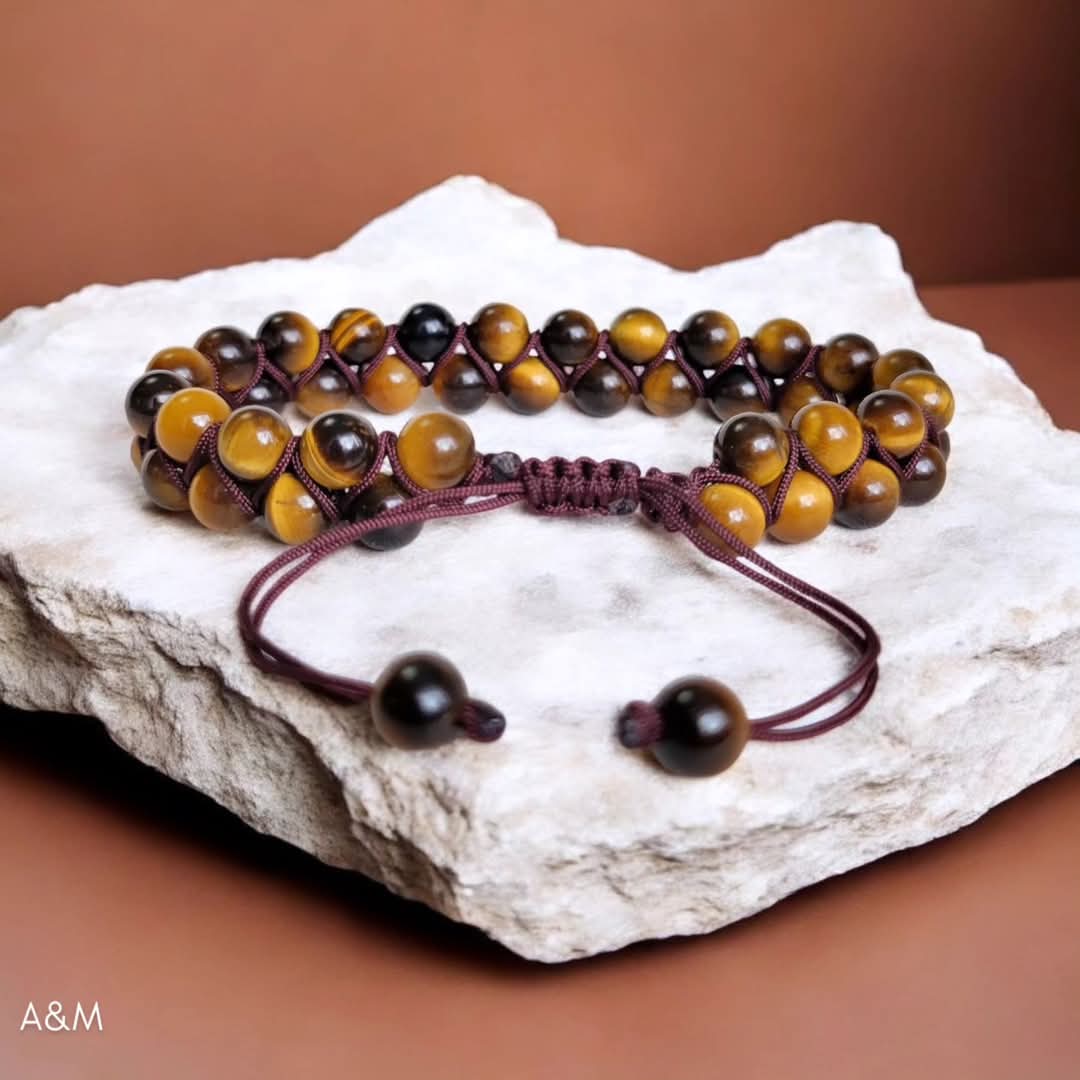 Tiger's Eye Beaded Bracelet - Brown Boho Macrame Mixed gemstone Bangle