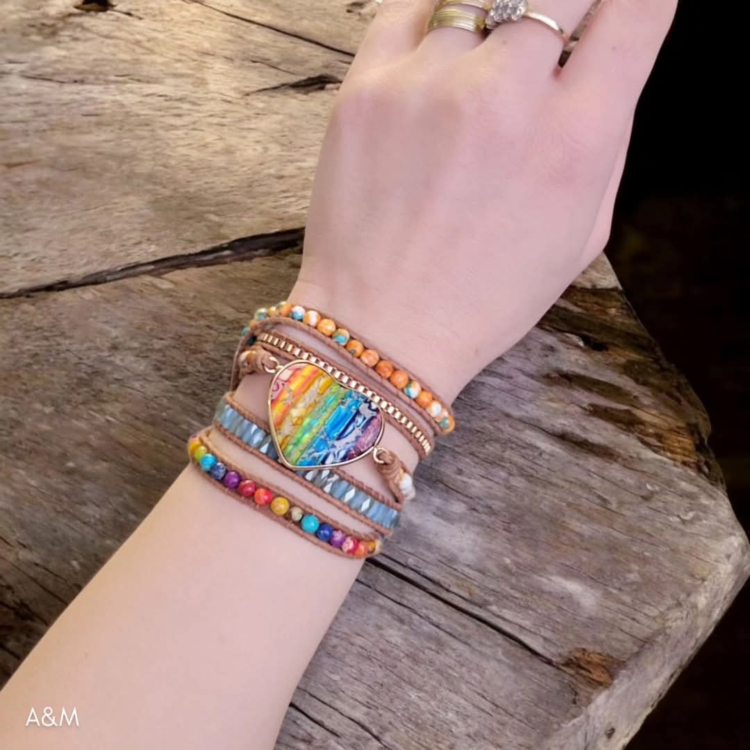 Free spirit 7Chakra Heart Bracelet, 5 wrap Colorful Jasper Bohemian Bracelet