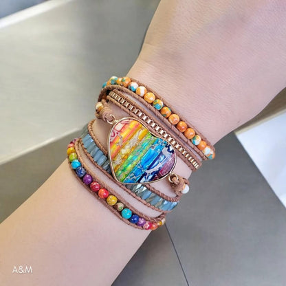 Free spirit 7Chakra Heart Bracelet, 5 wrap Colorful Jasper Bohemian Bracelet