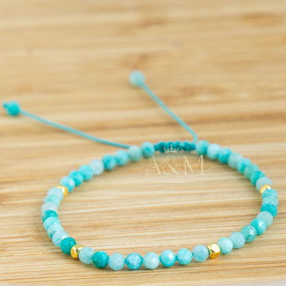 Handmade minimalist bracelet featuring 4mm faceted amazonite beads, known for their soothing blue-green color. Adjustable design, perfect for adding a calming, nature-inspired touch to your jewelry collection or as a thoughtful gift.