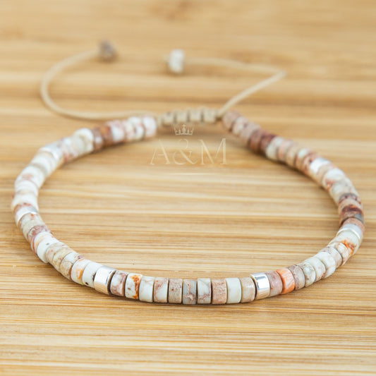 Dainty Shoushan Jasper Bracelet - Minimalist Natural Stone Beads, Tibetan Adjustable Bohemian Jewelry, Gift for Women, Handmade Bracelet