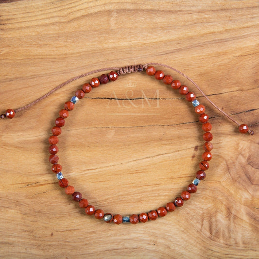 Deep Red Jasper Bracelet - Minimalist Dainty Cuff for Small Wrist, Healing Stone Jewelry, Boho Braided Bangle, Birthday Gift for Women