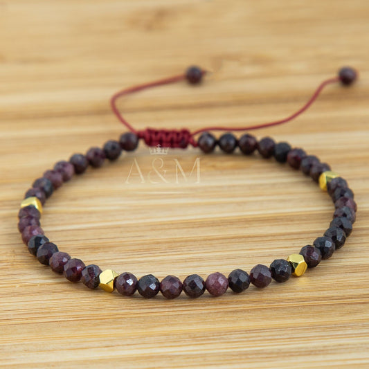 Garnet Bracelet - Minimalist Macrame Jewelry, Natural Stone Beaded Bohemian Bracelet, Dainty Summer Crystal Gift for Women, Burgundy Beads
