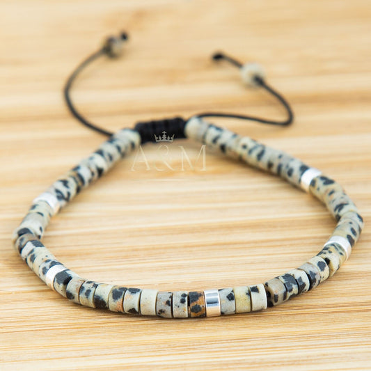 Dalmatian Jasper Dainty Adjustable Bracelet - Stone of Joy, Small Wrist Size, Beaded Gemstone Bohemian Jewelry, Gift for Women