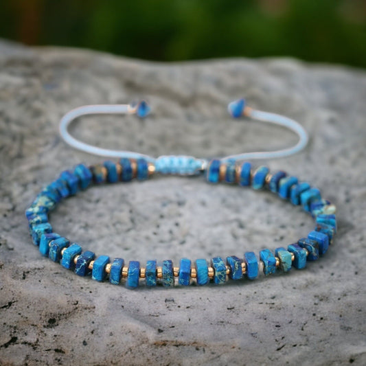 Dark Blue Imperial Jasper Bracelet - 2x4mm Square Beads, Adjustable Minimalist Jewelry for Small Wrist, Multi-Colored Bohemian Healing Stone