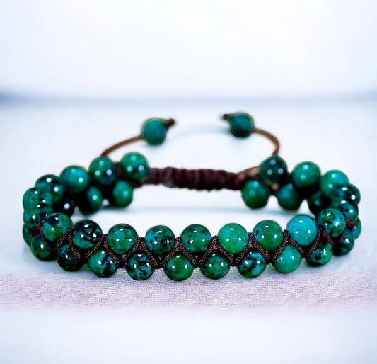 Handmade Chrysocolla Bohemian Bracelet, Deep Green 6mm Beaded Macramé Wrap, Strength & Healing Gemstone Jewelry, Boho Braided Bracelet
