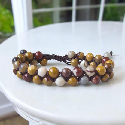 Handmade double row Mookaite bracelet with multicolored Australian jasper beads and adjustable beige macrame cord.